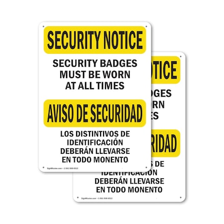 Signmission Security Badges Must Worn Bilingual OSHA Security Notice Sign, Aluminum, 10in W x 14in L, 2PK OS-2PACK-SN-A-1014-L-11644